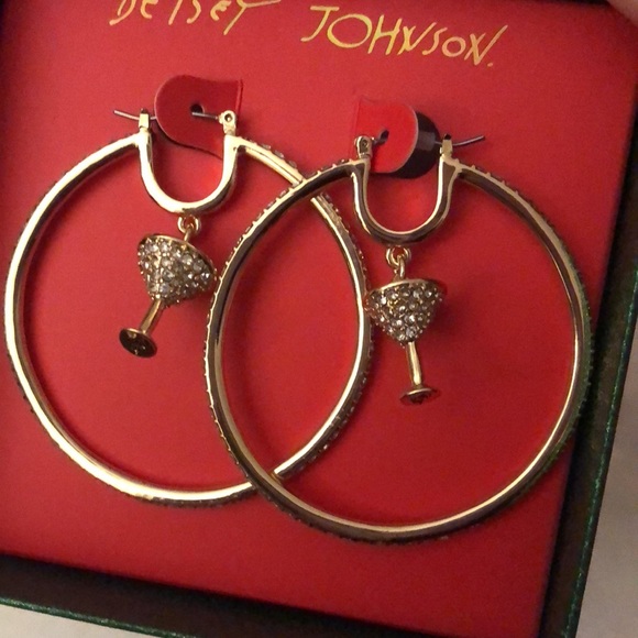 Betsey Johnson Gold Tone Hoop Earrings With Martini Charm & Crystal Accents NIB - Picture 7 of 13